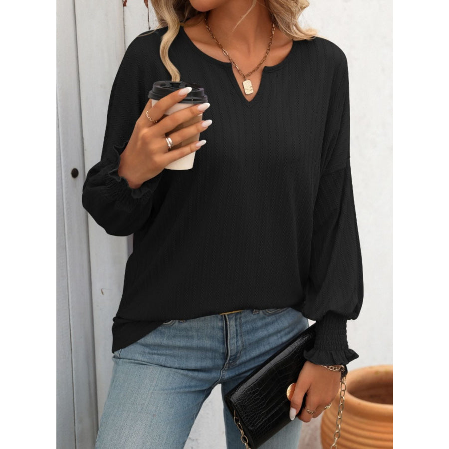 Textured Notched Lantern Sleeve T-Shirt Apparel and Accessories