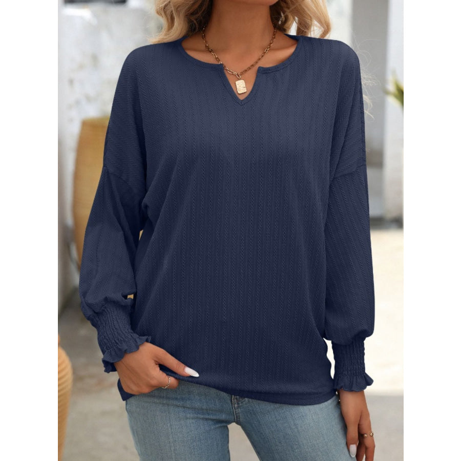 Textured Notched Lantern Sleeve T-Shirt Apparel and Accessories