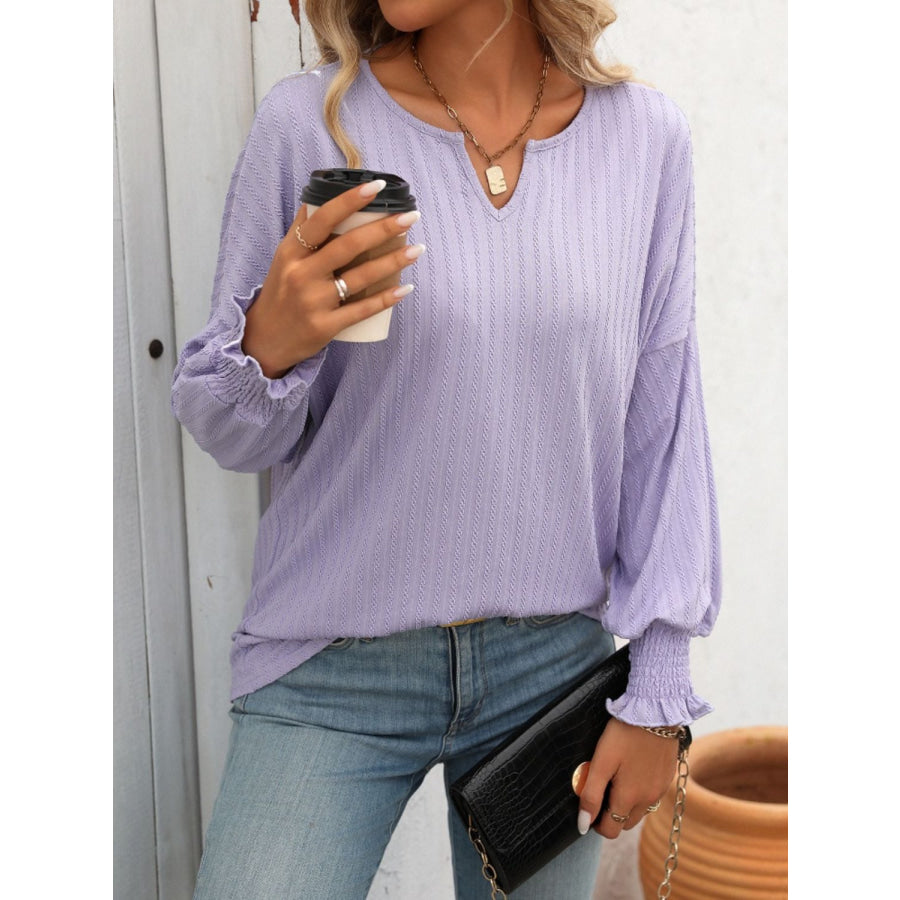 Textured Notched Lantern Sleeve T-Shirt Apparel and Accessories