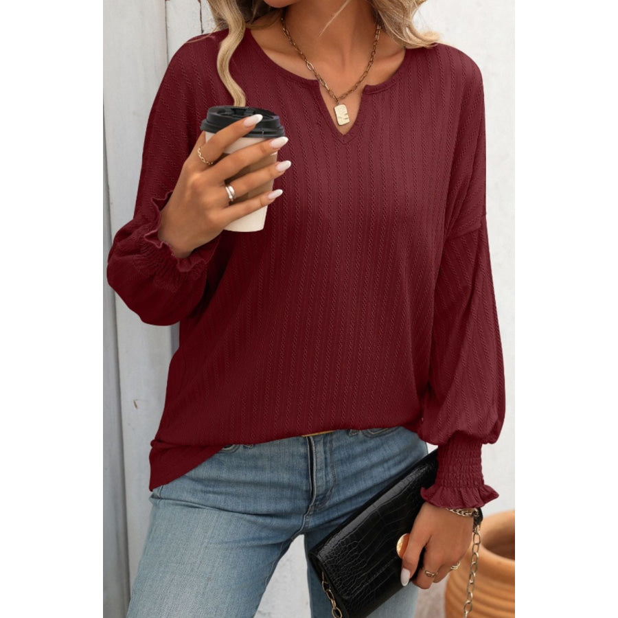 Textured Notched Lantern Sleeve T-Shirt Apparel and Accessories