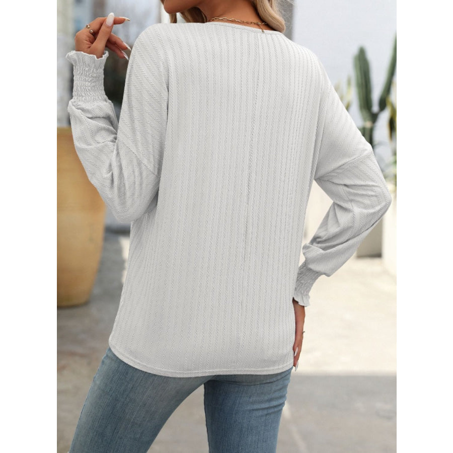 Textured Notched Lantern Sleeve T-Shirt Apparel and Accessories