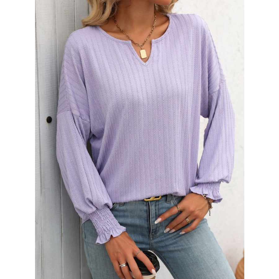 Textured Notched Lantern Sleeve T-Shirt Apparel and Accessories