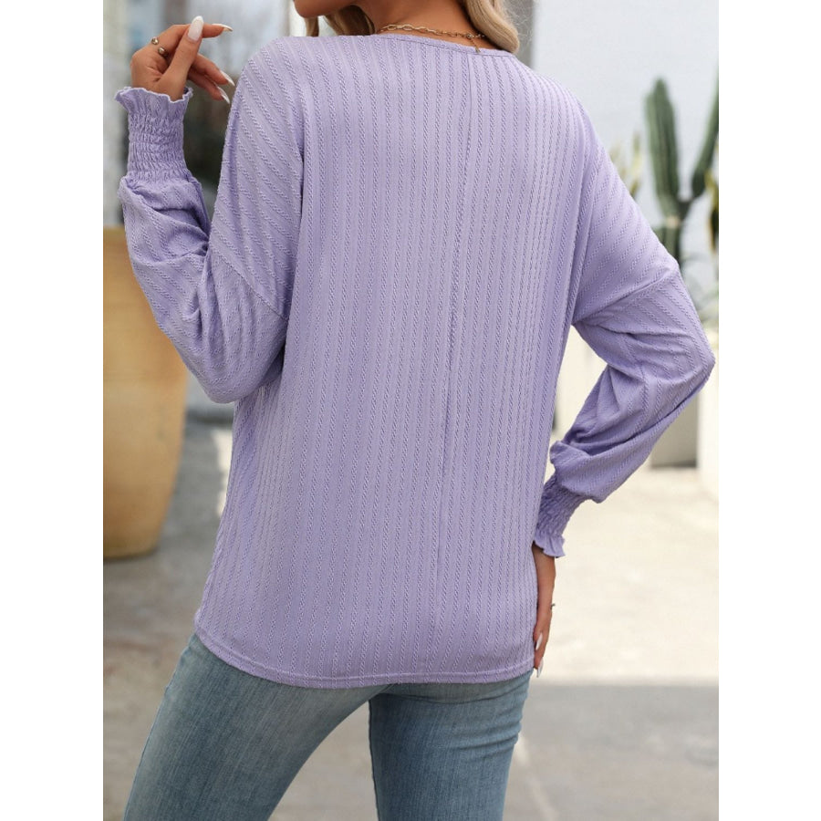 Textured Notched Lantern Sleeve T-Shirt Apparel and Accessories