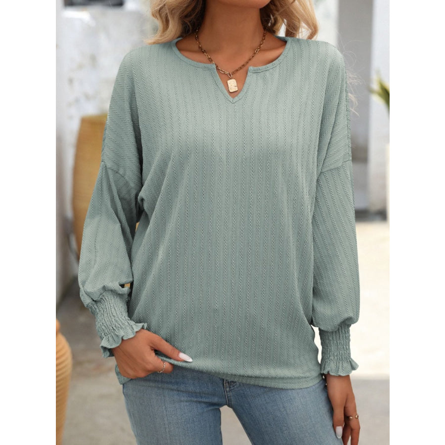 Textured Notched Lantern Sleeve T-Shirt Apparel and Accessories