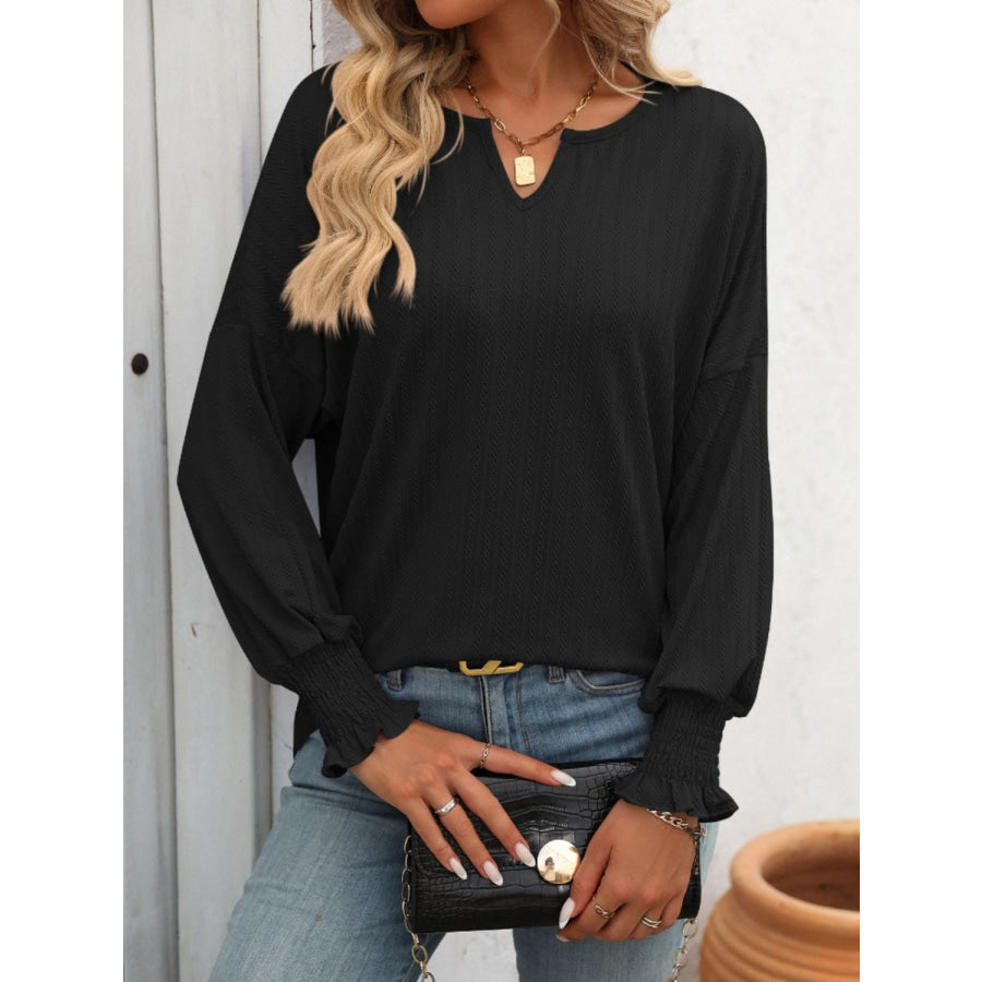 Textured Notched Lantern Sleeve T-Shirt Black / S Apparel and Accessories