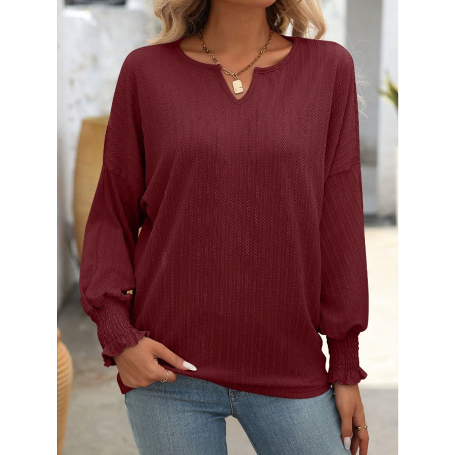 Textured Notched Lantern Sleeve T-Shirt Burgundy / S Apparel and Accessories