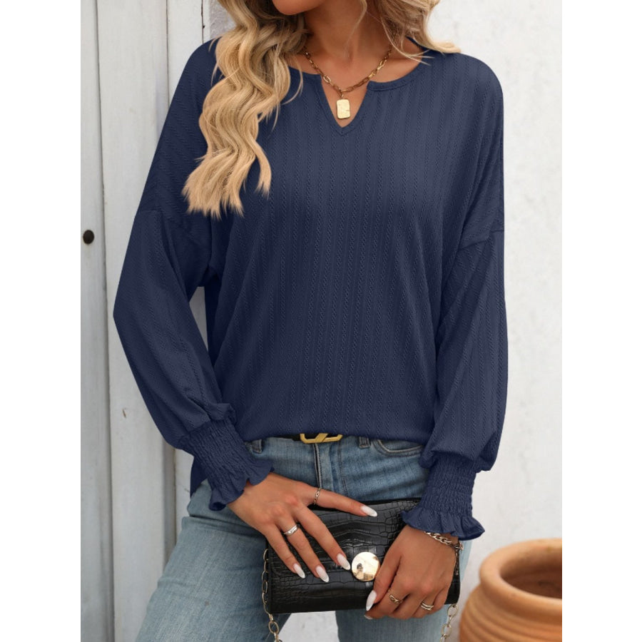 Textured Notched Lantern Sleeve T-Shirt Dark Navy / S Apparel and Accessories