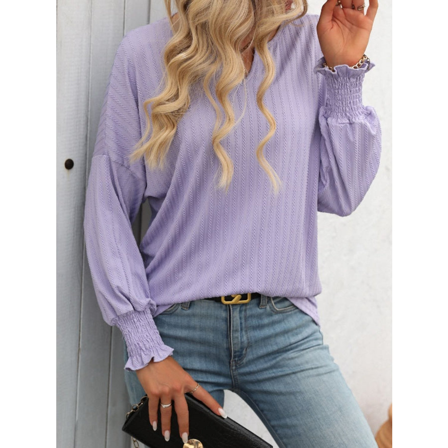 Textured Notched Lantern Sleeve T-Shirt Lilac / S Apparel and Accessories