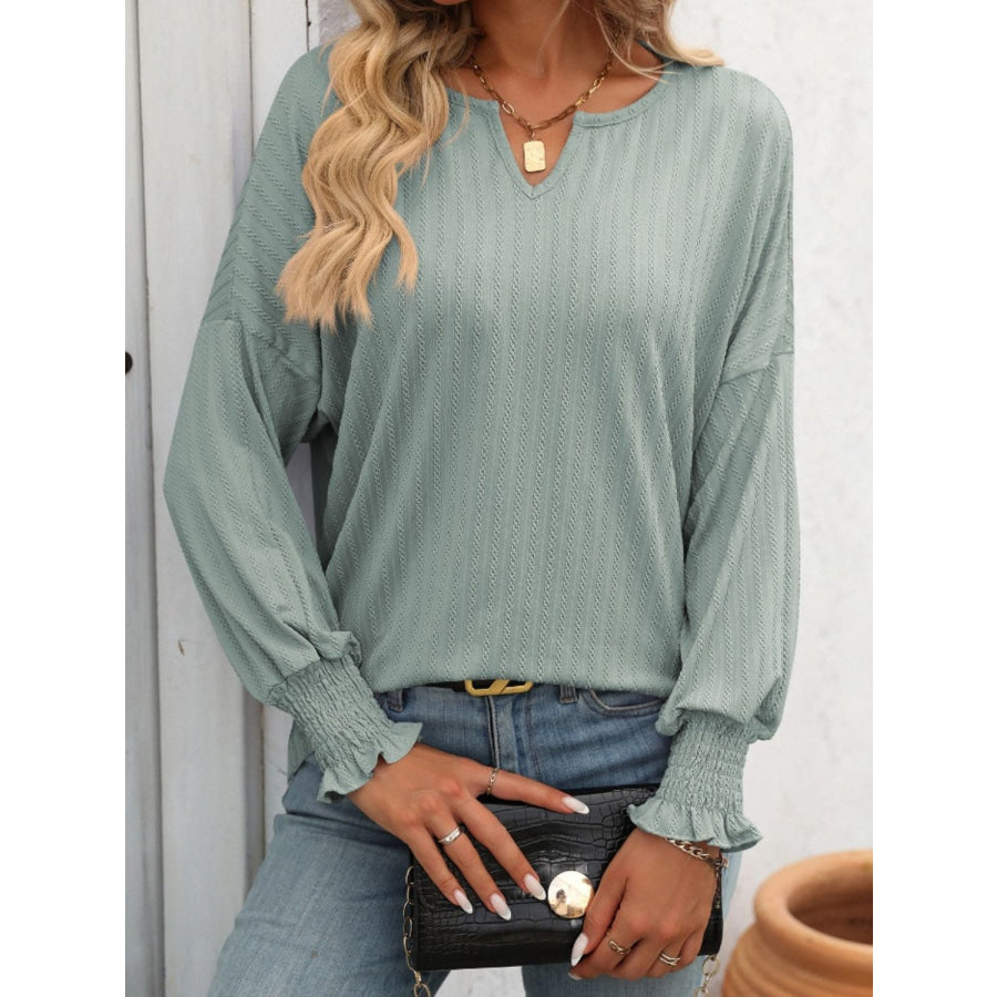 Textured Notched Lantern Sleeve T-Shirt Sage / S Apparel and Accessories