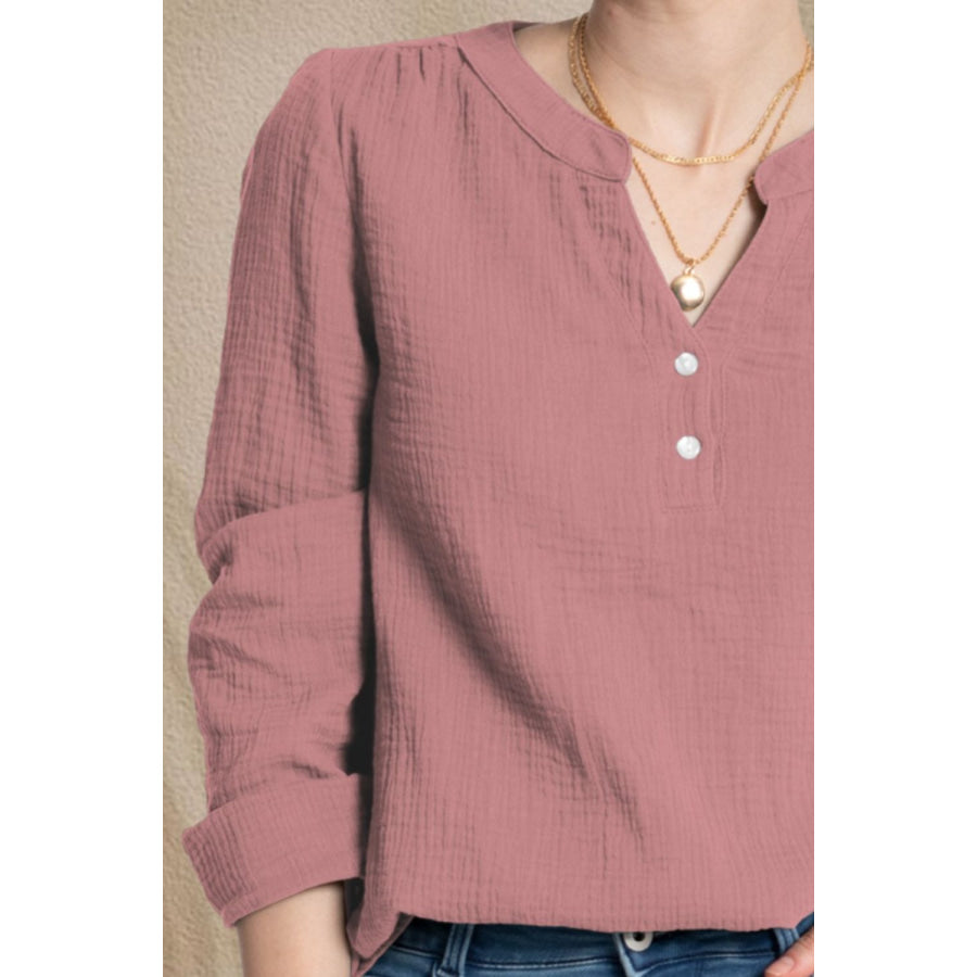 Textured Notched Long Sleeve Blouse Apparel and Accessories