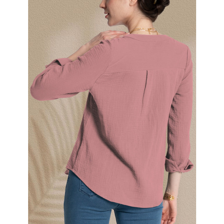 Textured Notched Long Sleeve Blouse Apparel and Accessories