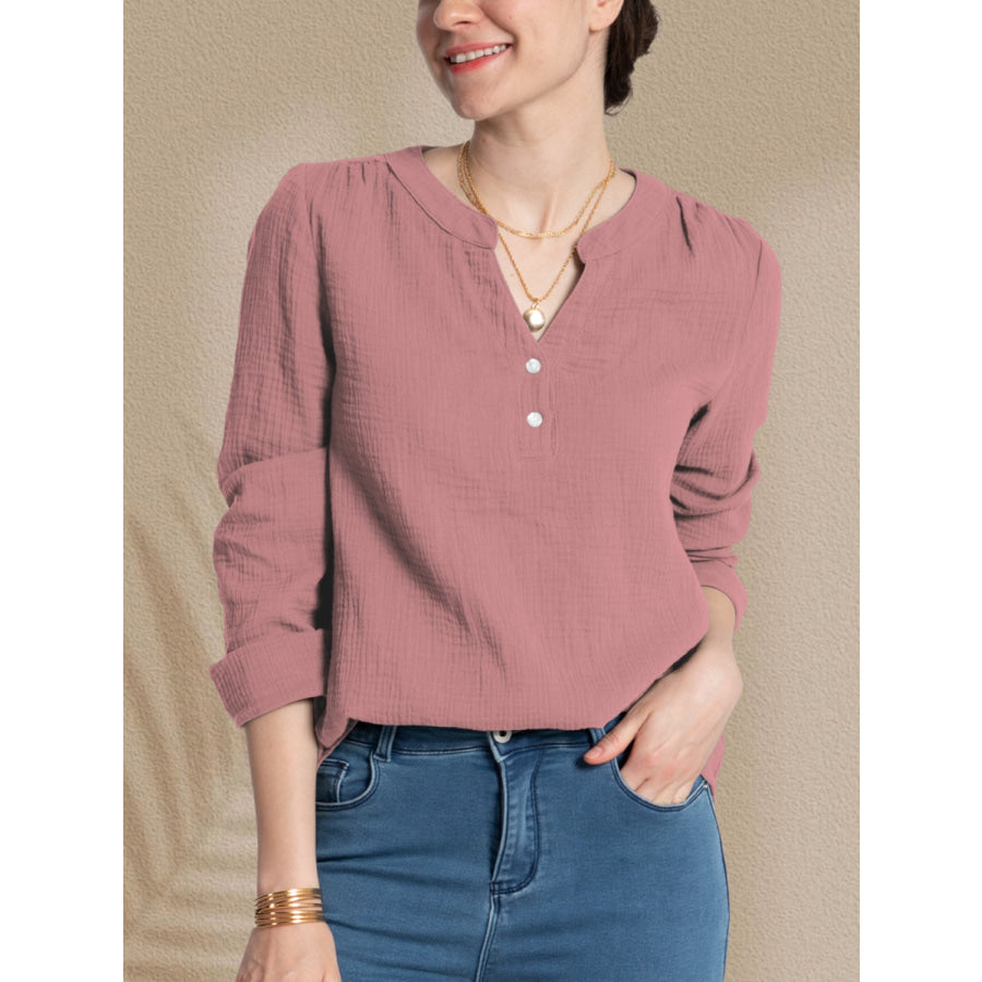 Textured Notched Long Sleeve Blouse Light Mauve / S Apparel and Accessories