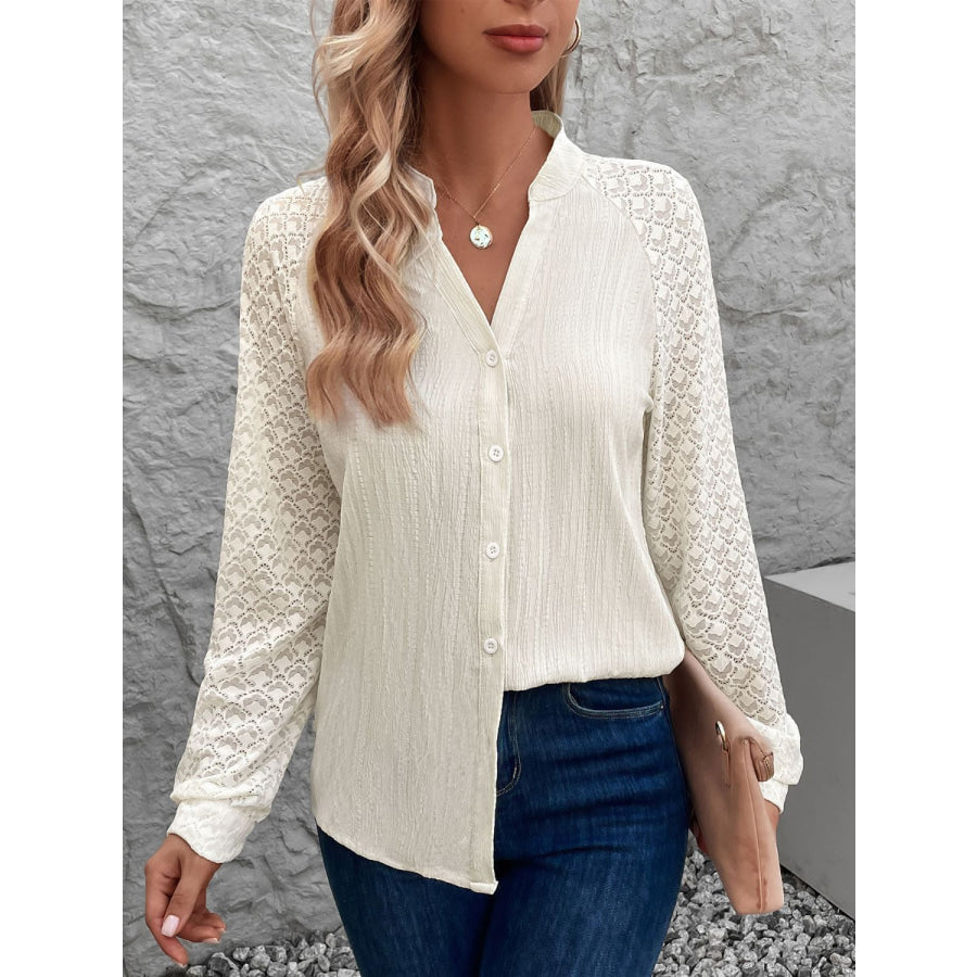 Textured Notched Long Sleeve Shirt Apparel and Accessories