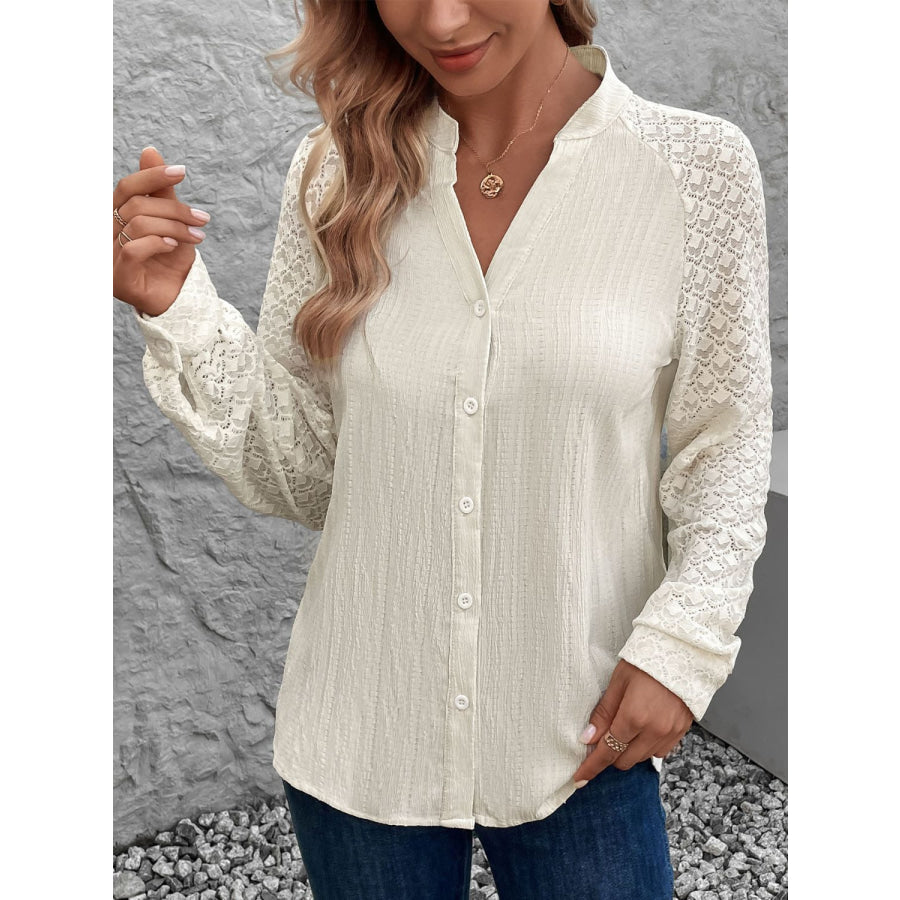 Textured Notched Long Sleeve Shirt Apparel and Accessories