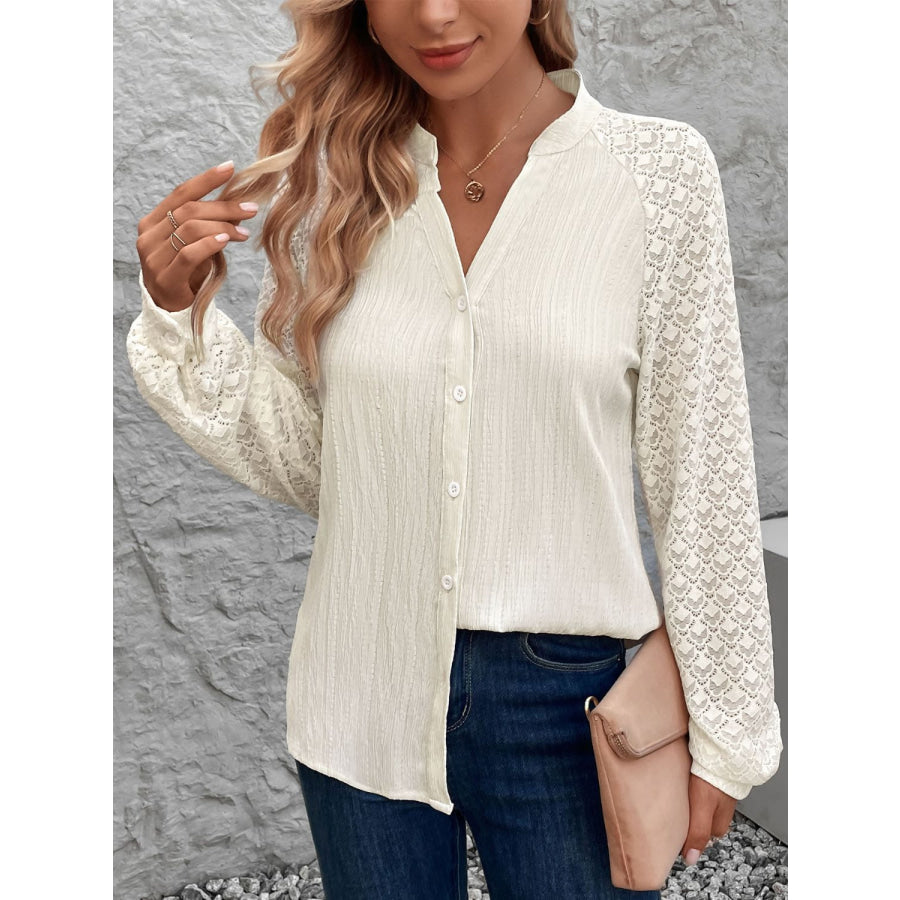 Textured Notched Long Sleeve Shirt Cream / S Apparel and Accessories