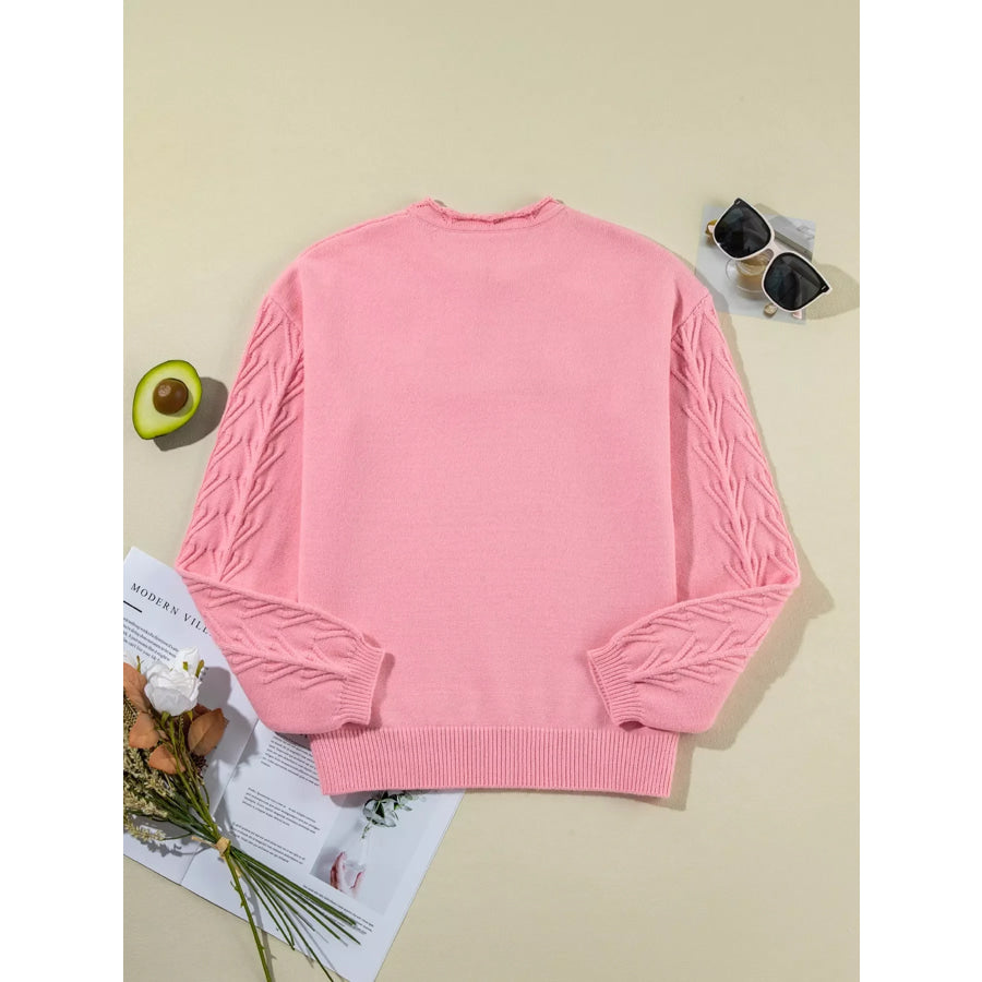 Textured Notched Long Sleeve Sweater Apparel and Accessories