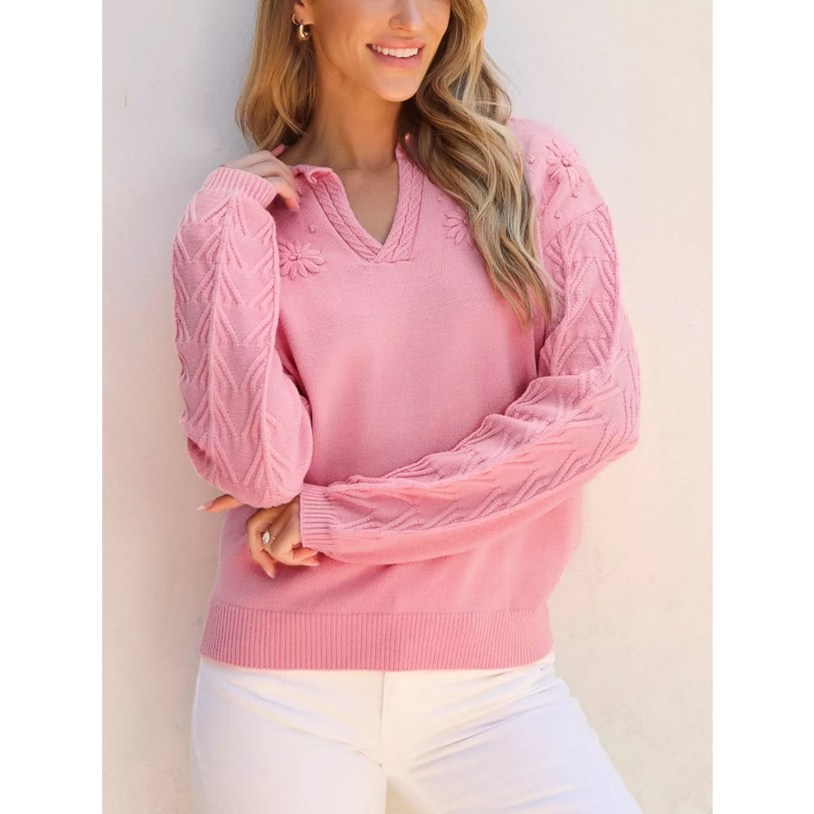 Textured Notched Long Sleeve Sweater Apparel and Accessories