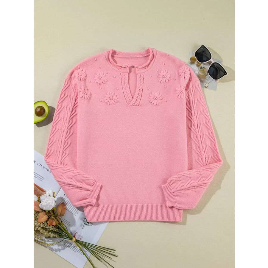 Textured Notched Long Sleeve Sweater Apparel and Accessories