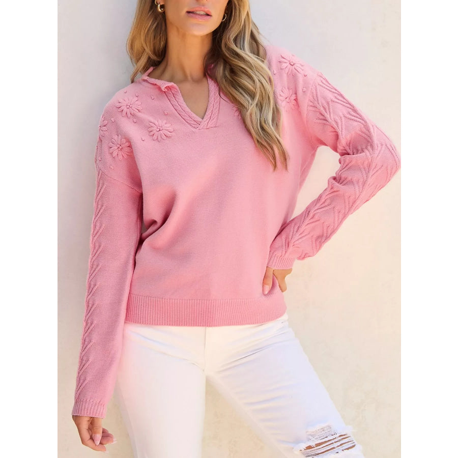 Textured Notched Long Sleeve Sweater Blush Pink / S Apparel and Accessories