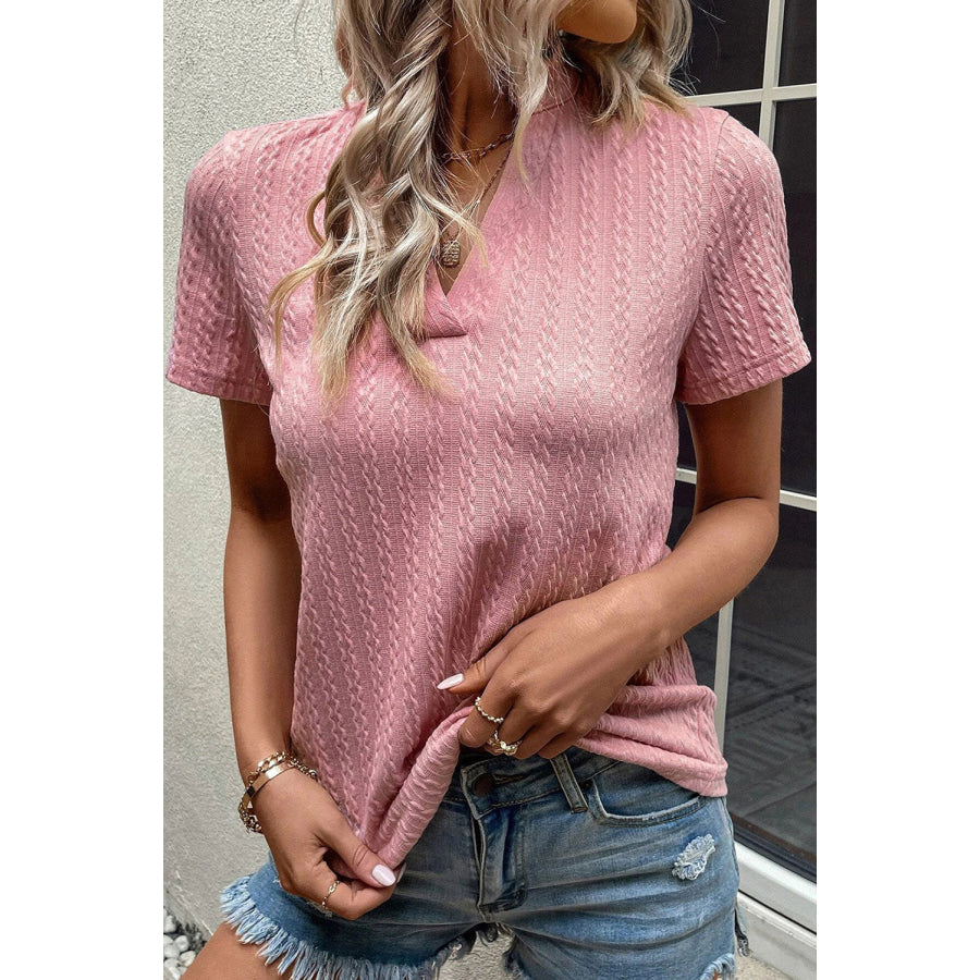 Textured Notched Short Sleeve T-Shirt Dusty Pink / S Apparel and Accessories