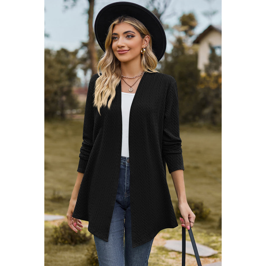 Textured Open Front Long Sleeve Cardigan Black / S Apparel and Accessories