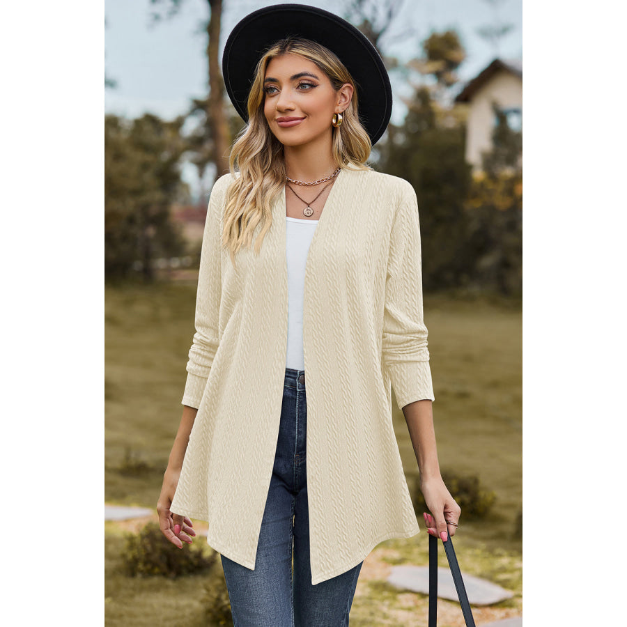 Textured Open Front Long Sleeve Cardigan Cream / S Apparel and Accessories