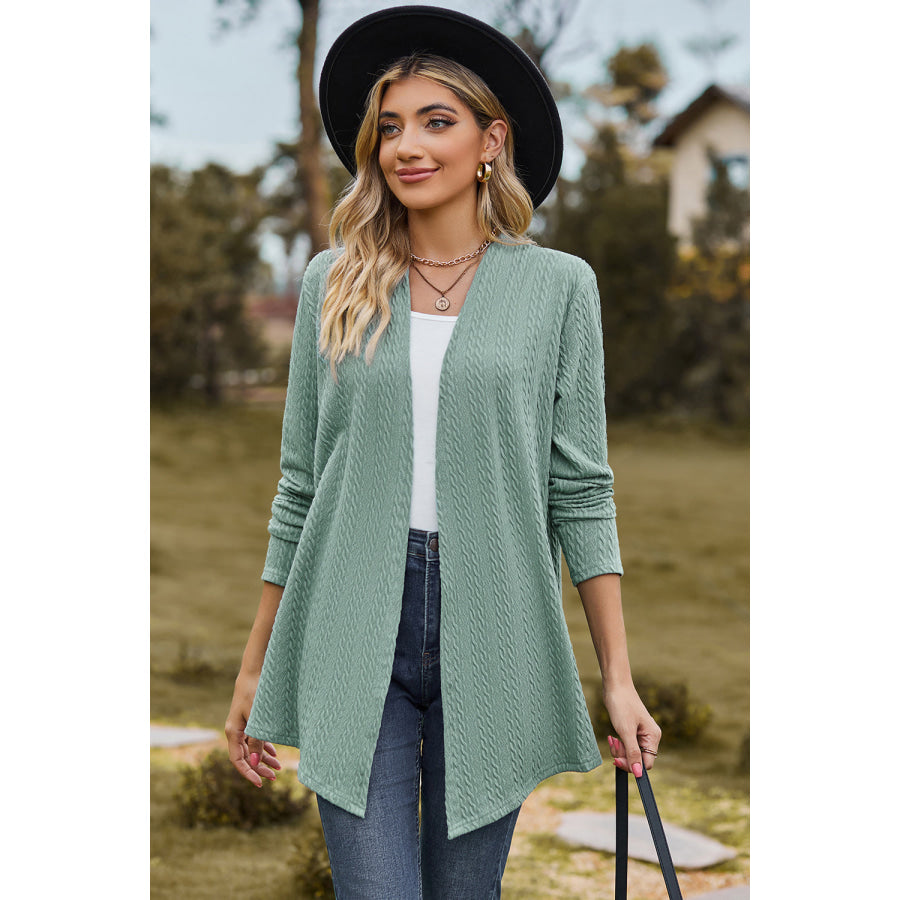 Textured Open Front Long Sleeve Cardigan Gum Leaf / S Apparel and Accessories