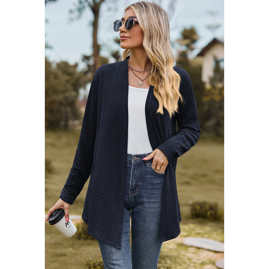 Textured Open Front Long Sleeve Cardigan Navy / S Apparel and Accessories