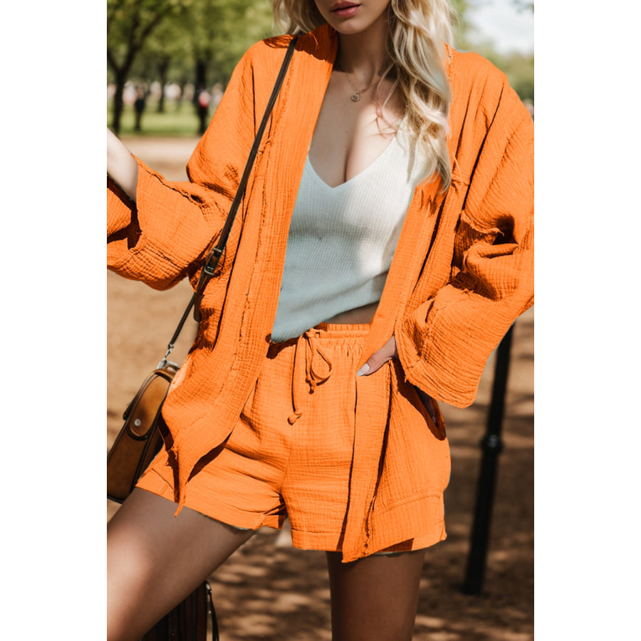 Textured Open Front Long Sleeve Cardigan Tangerine / XS Apparel and Accessories