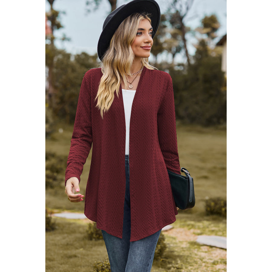 Textured Open Front Long Sleeve Cardigan Wine / S Apparel and Accessories