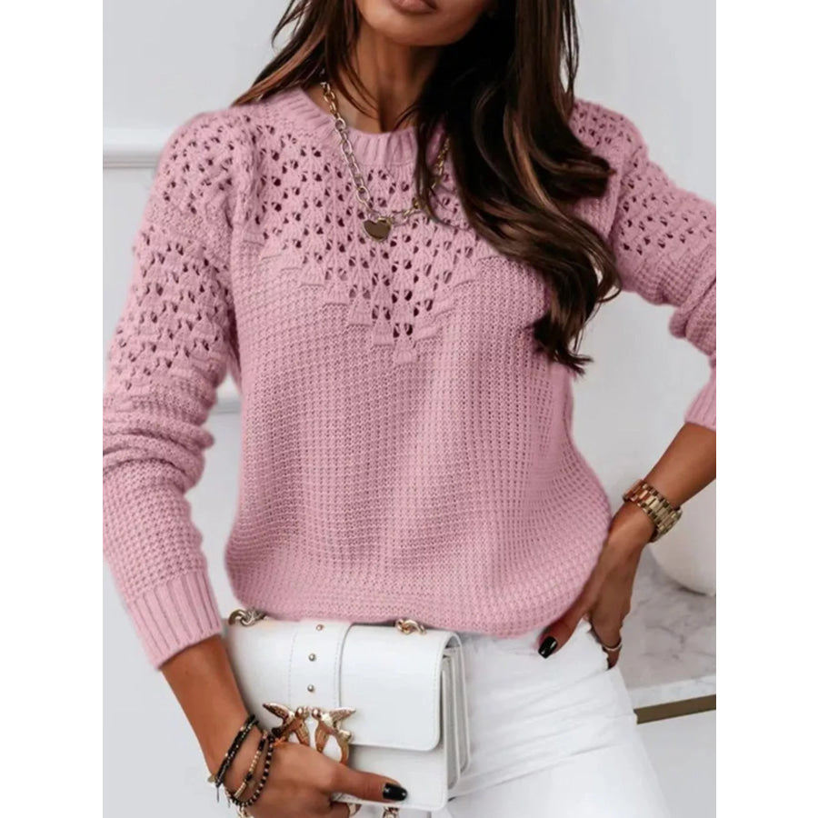 Textured Openwork Round Neck Sweater Apparel and Accessories
