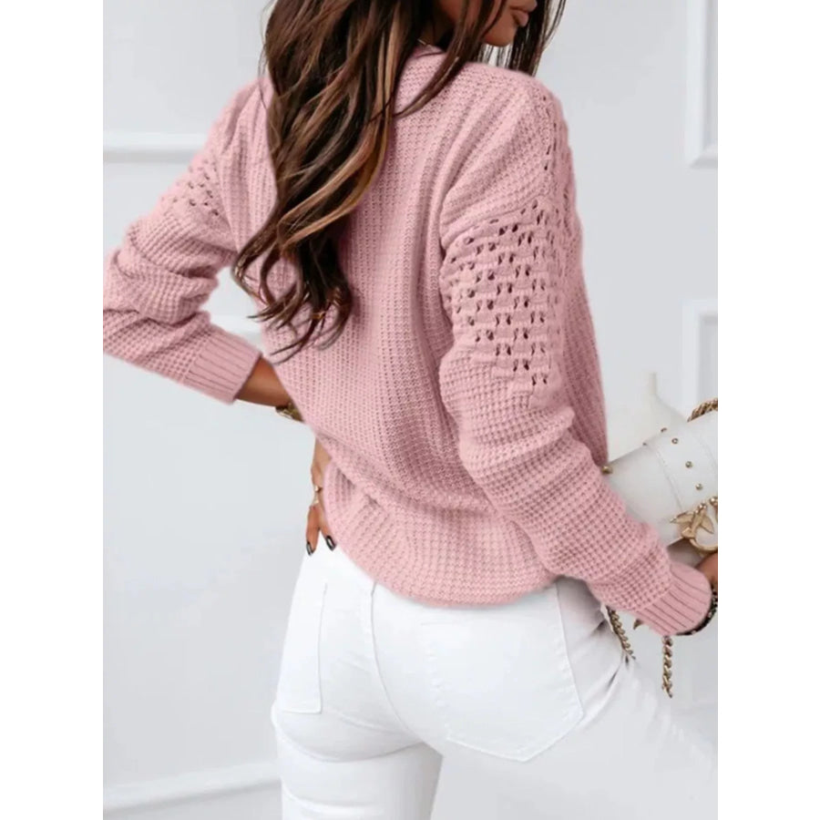 Textured Openwork Round Neck Sweater Apparel and Accessories