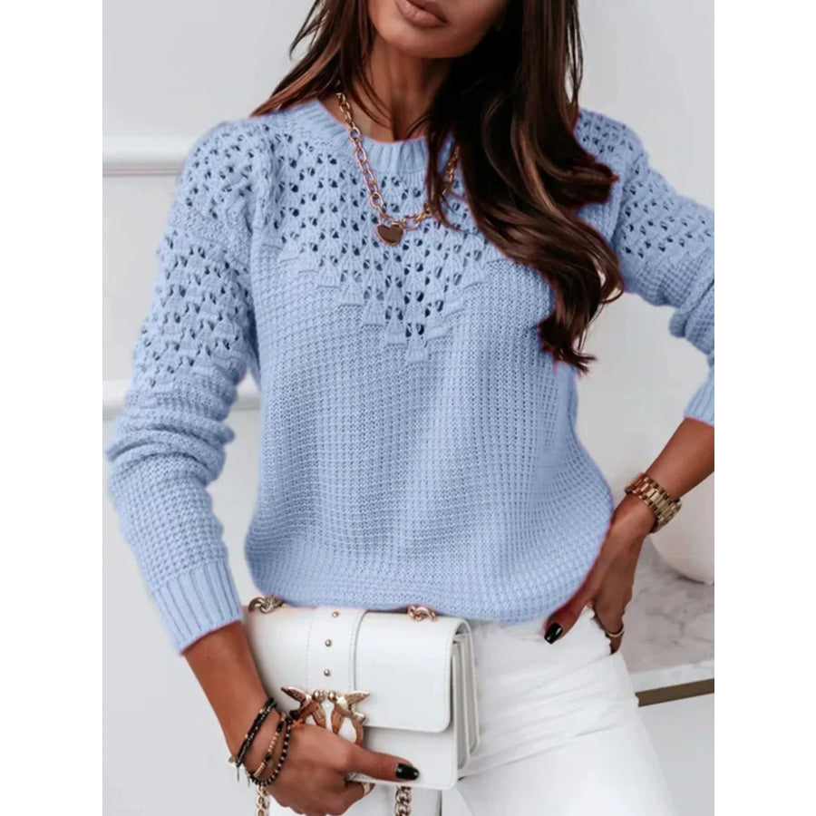 Textured Openwork Round Neck Sweater Light Blue / S Apparel and Accessories