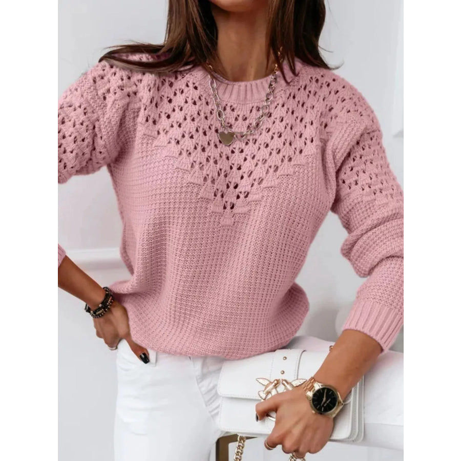 Textured Openwork Round Neck Sweater Pink / S Apparel and Accessories