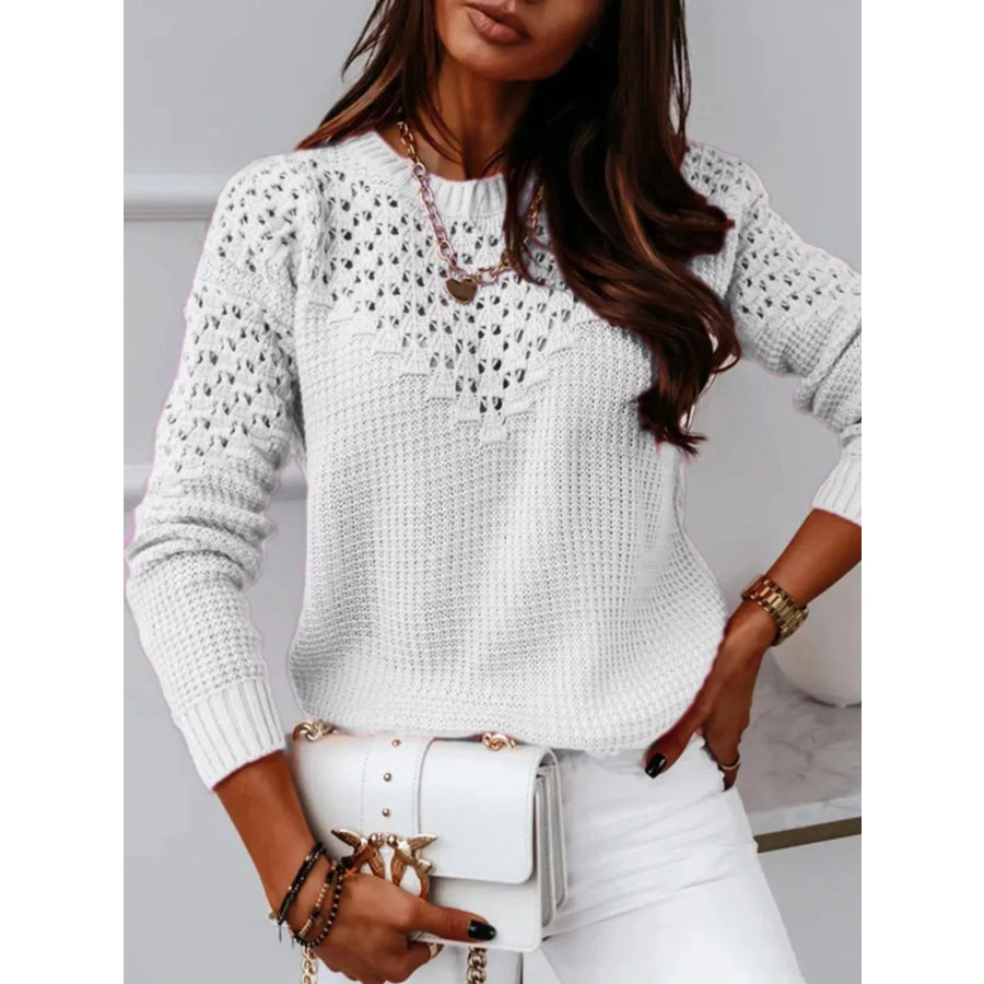 Textured Openwork Round Neck Sweater White / S Apparel and Accessories