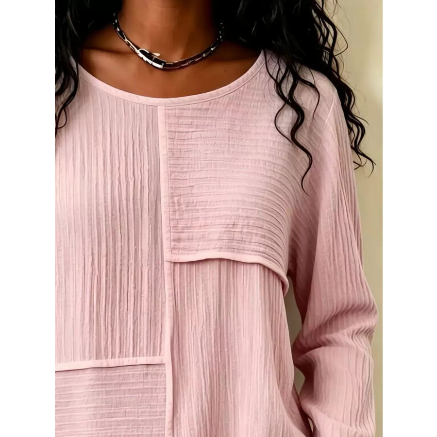 Textured Patchwork Long Sleeve Casual T-Shirt Apparel and Accessories