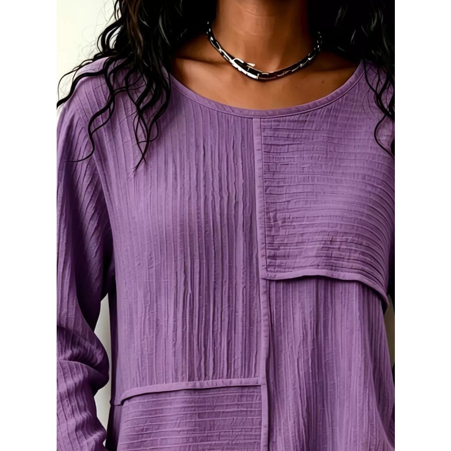 Textured Patchwork Long Sleeve Casual T-Shirt Apparel and Accessories