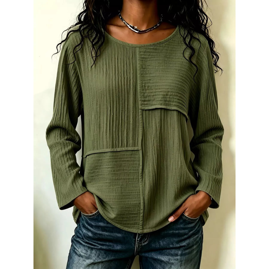 Textured Patchwork Long Sleeve Casual T-Shirt Army Green / S Apparel and Accessories