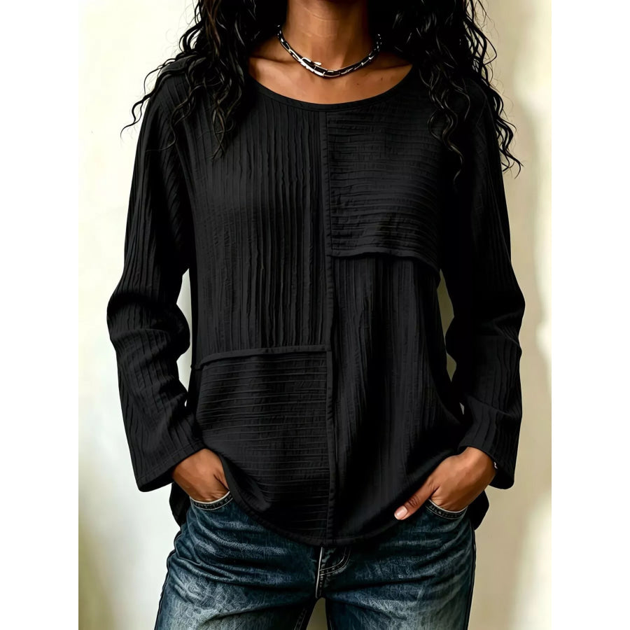 Textured Patchwork Long Sleeve Casual T-Shirt Black / S Apparel and Accessories