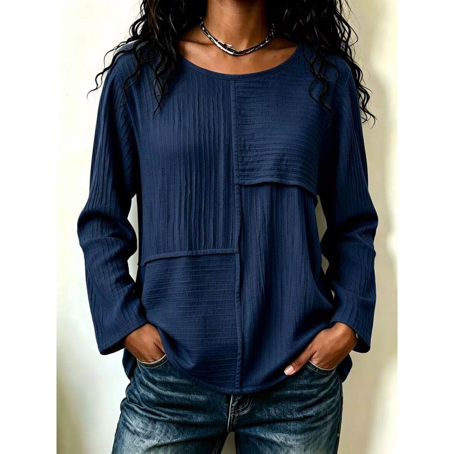 Textured Patchwork Long Sleeve Casual T-Shirt Dark Blue / S Apparel and Accessories