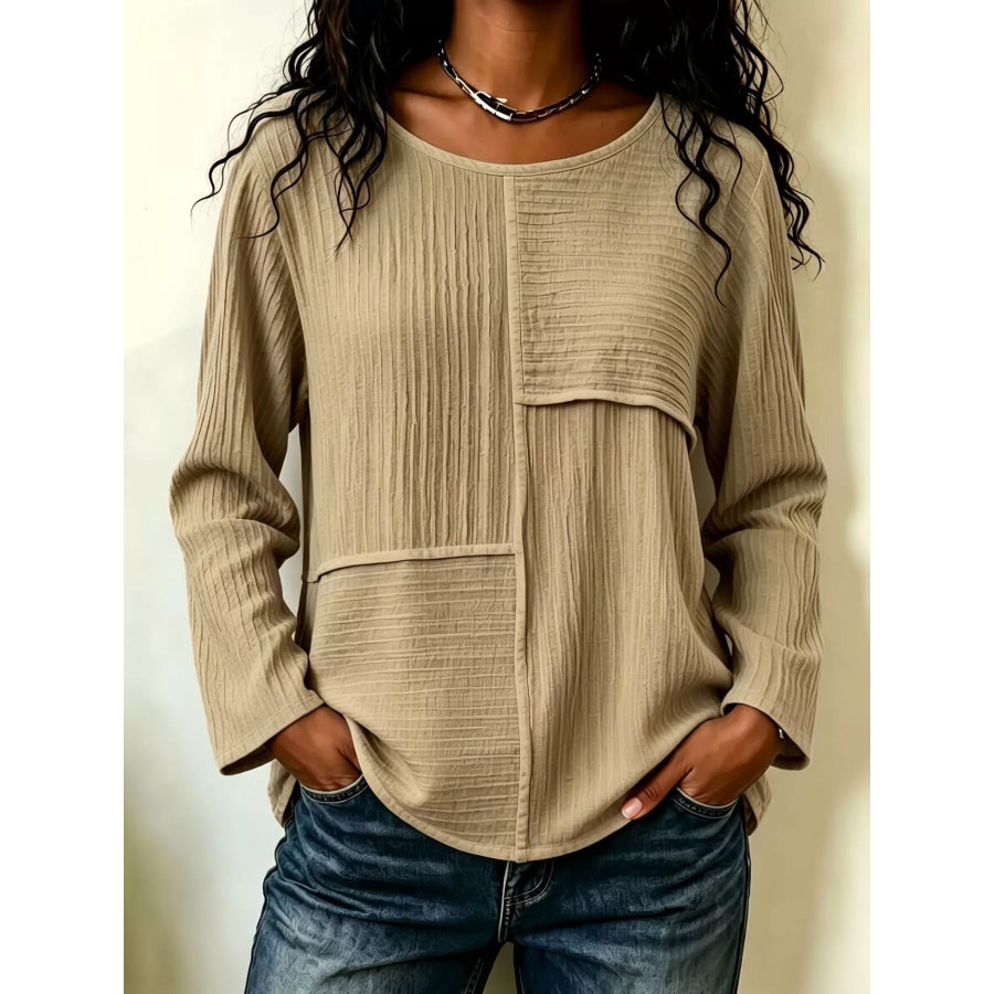 Textured Patchwork Long Sleeve Casual T-Shirt Khaki / S Apparel and Accessories