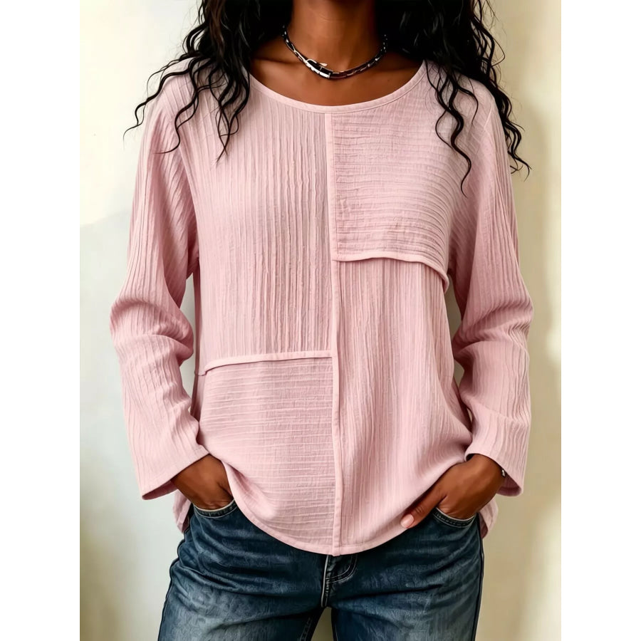 Textured Patchwork Long Sleeve Casual T-Shirt Pink / S Apparel and Accessories
