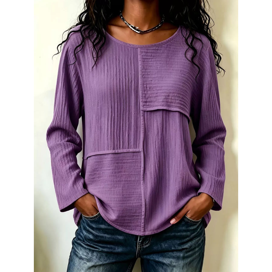 Textured Patchwork Long Sleeve Casual T-Shirt Purple / S Apparel and Accessories