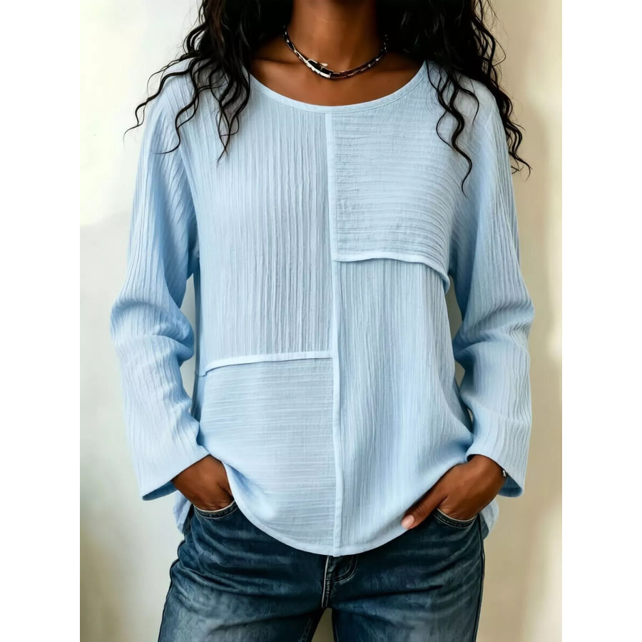 Textured Patchwork Long Sleeve Casual T-Shirt Sky Blue / S Apparel and Accessories