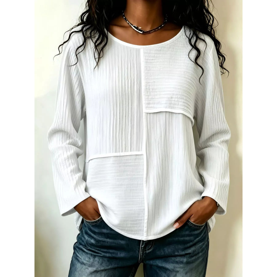 Textured Patchwork Long Sleeve Casual T-Shirt White / S Apparel and Accessories
