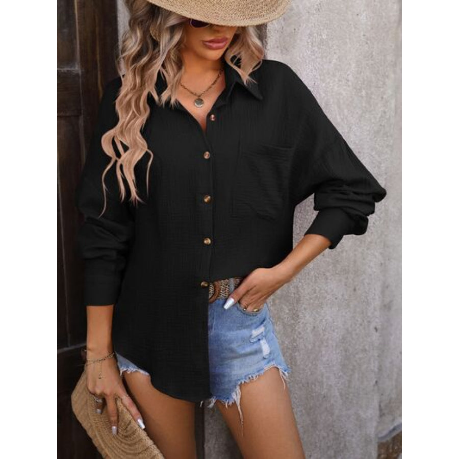 Textured Pocketed Button Up Dropped Shoulder Shirt Black / S Apparel and Accessories