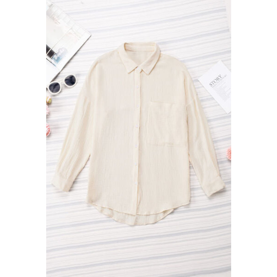 Textured Pocketed Button Up Shirt Cream / S Apparel and Accessories