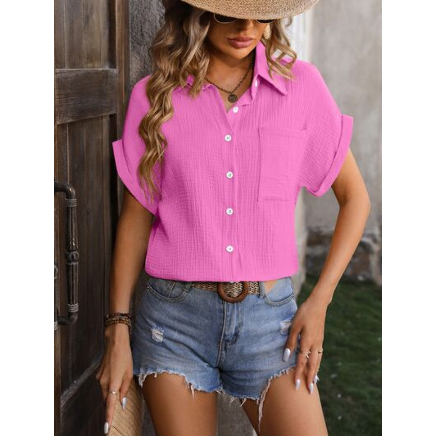 Textured Pocketed Button Up Shirt Fuchsia Pink / S Apparel and Accessories