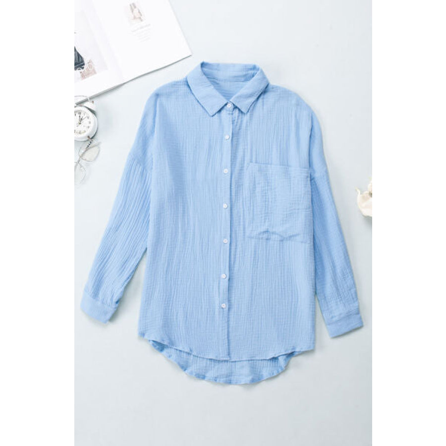 Textured Pocketed Button Up Shirt Misty Blue / S Apparel and Accessories