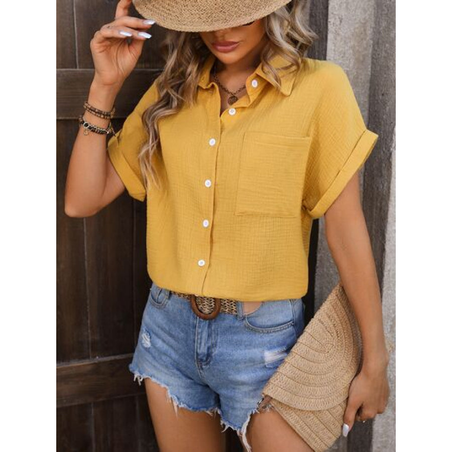 Textured Pocketed Button Up Shirt True Yellow / S Apparel and Accessories